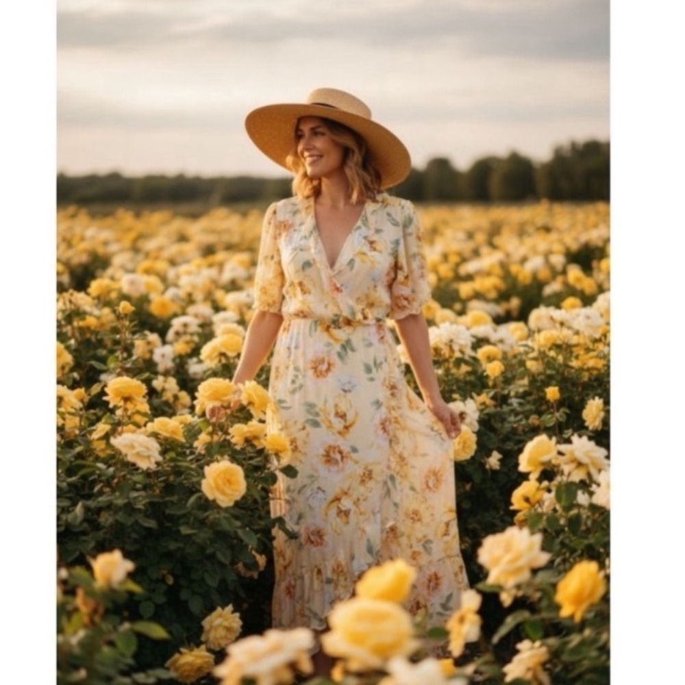 Old Navy Yellow Floral Wrap Maxi Dress Puff Sleeve Ruffle Cottagecore Large